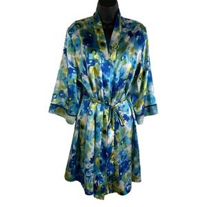 Gilligan & OMalley Floral Print Blue Green Robe Kimono Sleeve Tie Waist L/XL